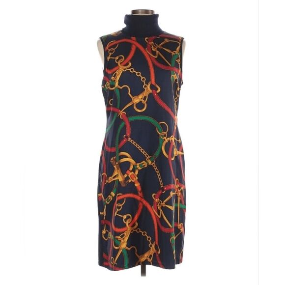 Ralph Lauren Equestrian Horse Bit Chain Bodycon Silk Wool Dress Sz M - Picture 1 of 7
